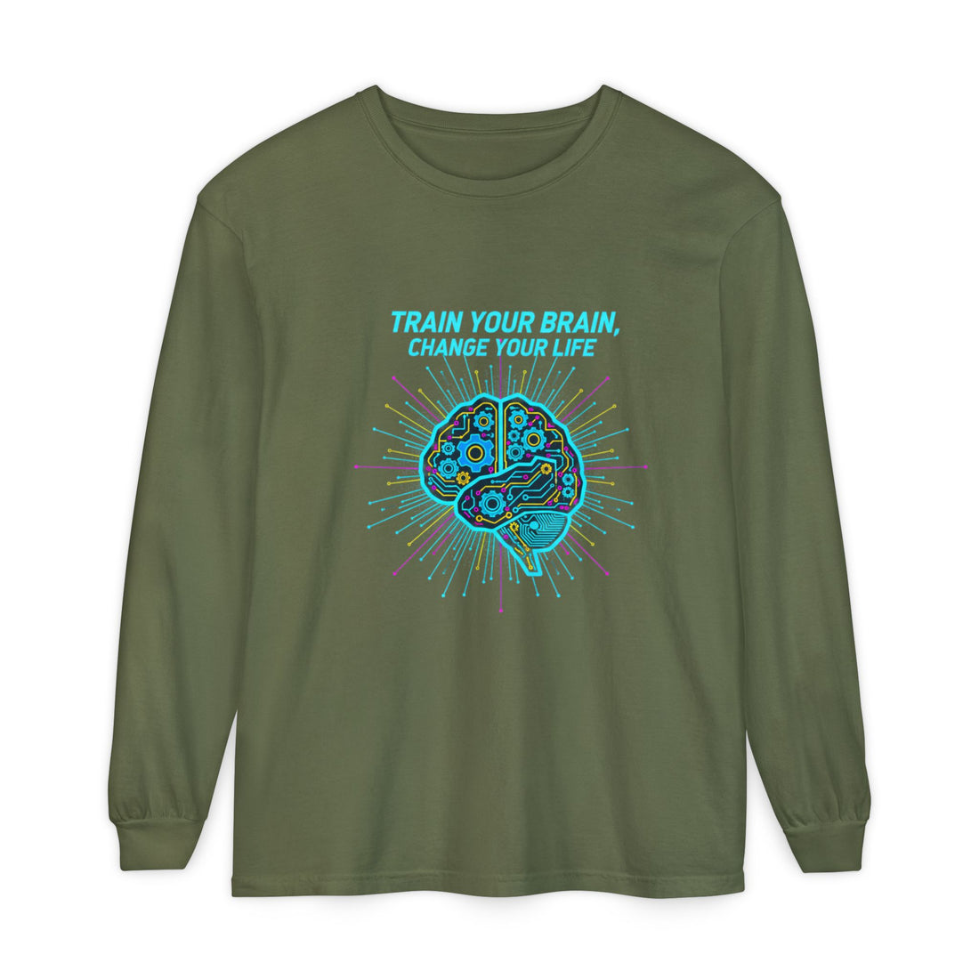 Train Your Brain Long Sleeve Tee — Motivational Brain Graphic Shirt