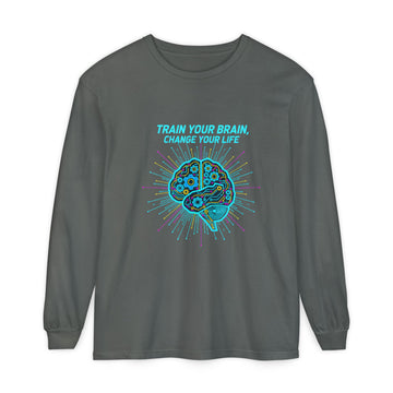 Train Your Brain Long Sleeve Tee — Motivational Brain Graphic Shirt